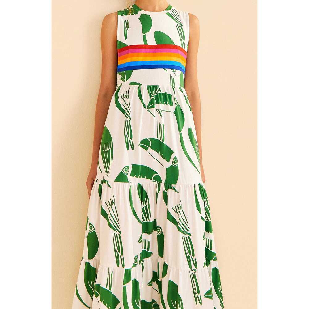FarmRio Off-White Rainbow Toucans Organic Cotton Maxi Dress